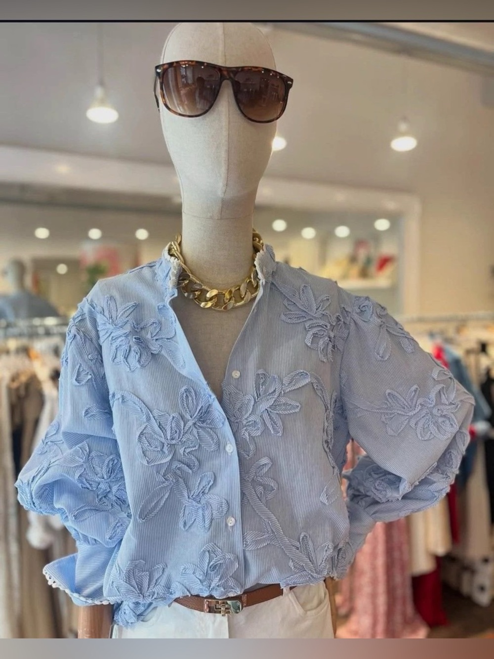 Zara Blue Stripe Embroidered Floral Cotton Blouse XS